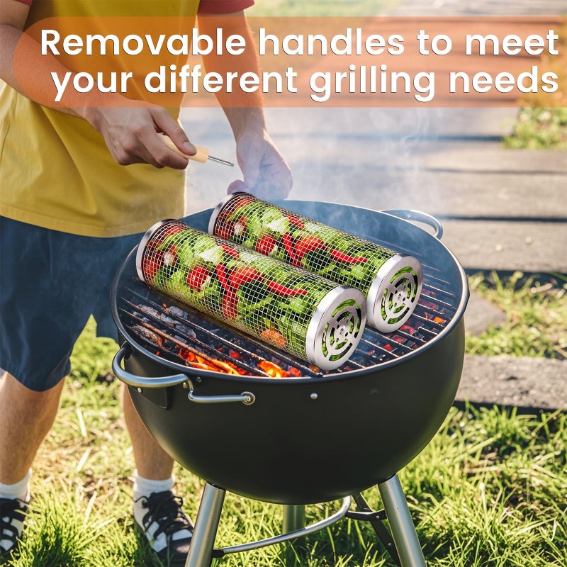 BCHWAY Nesting Grill Baskets (2 PCS)  304 Stainless Steel with Removable Wooden Handle  Rolling Grilling Net  BBQ Accessories Tools for Vegetables Shrimp  Outdoor Camping  Gifts for Men Dad and Husband - Image 3